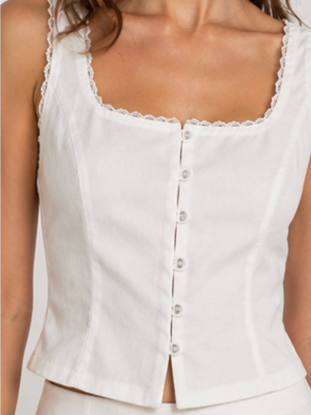 Endless Rose White Lace-Trim Button Front Camisole Top